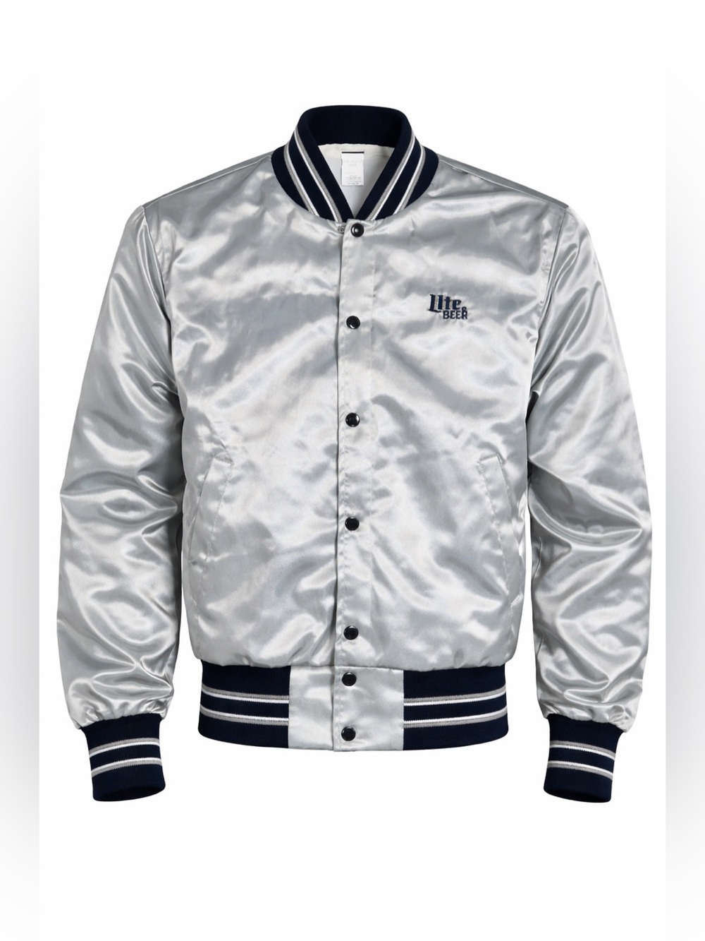 Vintage 80s Lite Beer Jacket Mens Small Satin Retro Silver Bomber Lined Varsity